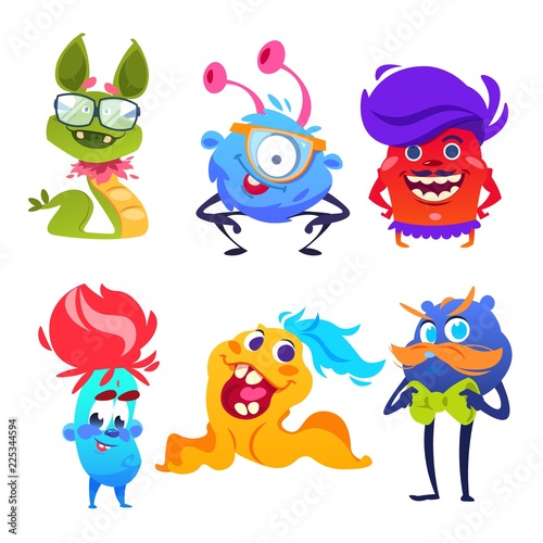 Cute monsters. Happy cartoon mutant and goblin toys. Halloween aliens vector monster set. Cartoon monster halloween, scary and funny illustration