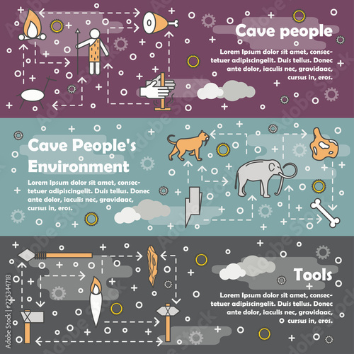 Vector thin line cave people banner template set