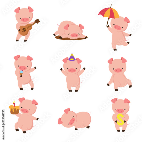 Cartoon pig. Cute smiling pigs playing in mud. Vector farm animal character set. Illustration of pig in mud, fun farm swine
