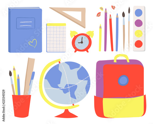 School and education set with hand drawn elements isolated on white background. Vector flat illustration of supplies. Back to school. Infographic elements for web, banner, flyer or presentation.