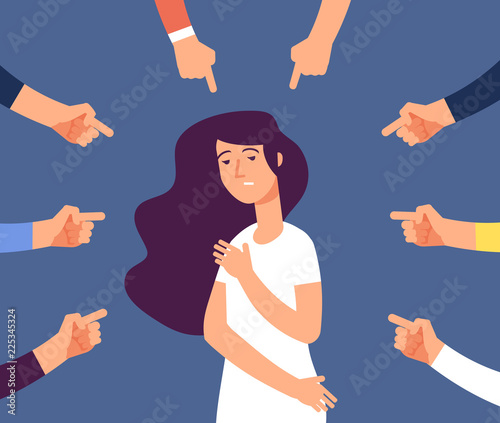 Victim women. Depressed girl in shame and hands with pointing finger. Guilty, ashamed female and blame in society vector concept. Woman frustrated, bullying employee illustration