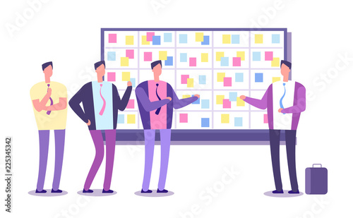 Scrum planning board. Employees planning work at taskboard. Business process leaning and meeting vector concept. Team work meeting, process methodology teamwork illustration