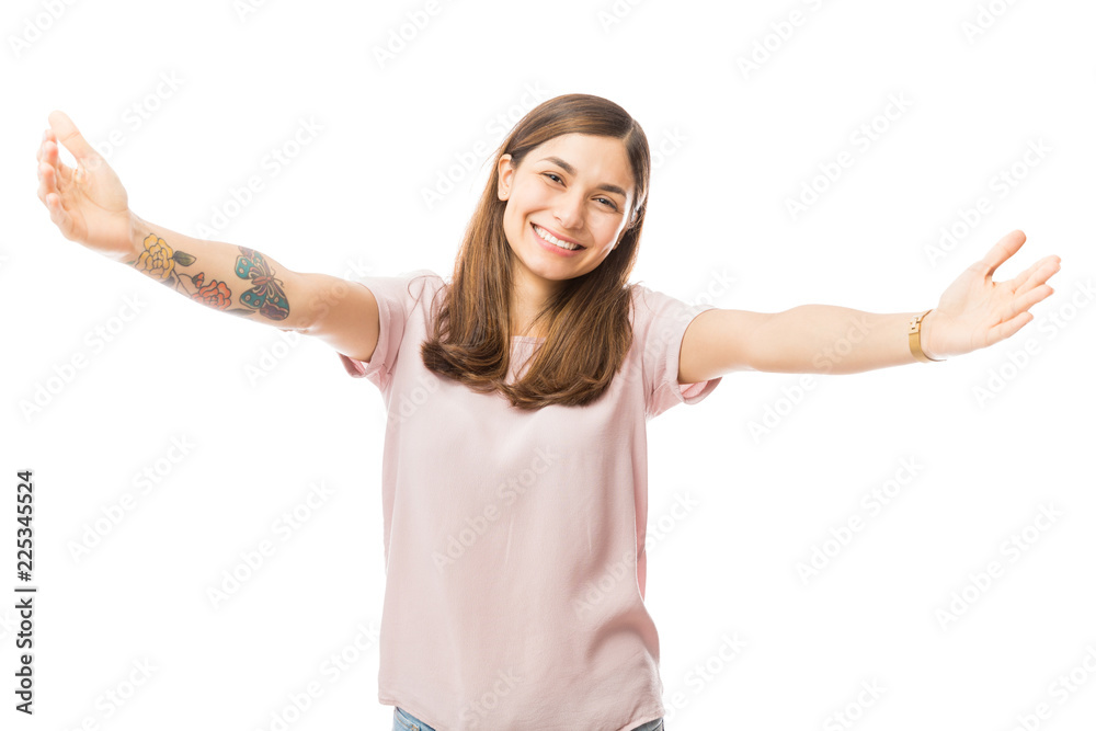 Loving Woman Offering A Hug Over White Background Loving Woman Offering A Hug Over White Background