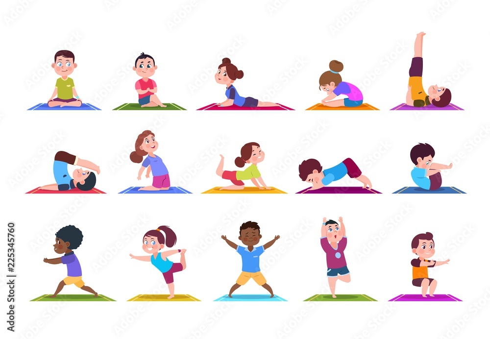 Yoga kids. Cartoon children doing yoga. Sporting girls and boys in gym. Vector characters isolated set. Illustration of child yoga cartoon, sport fitness lifestyle