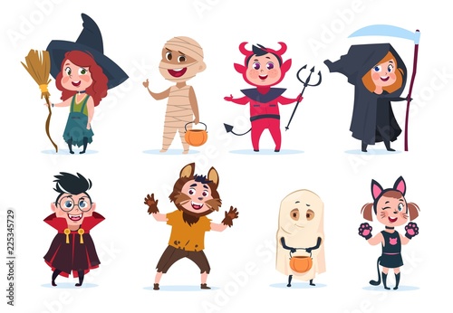Halloween kids. Cartoon children in halloween costumes. Funny girls and boys at party vector isolated charactres. Illustration of girl and boy costume monster, dracula and mummy
