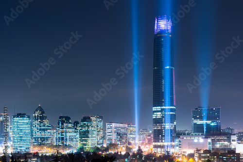 Skyline of Las Condes and Providencia districts illuminated at night, Santiago de Chile