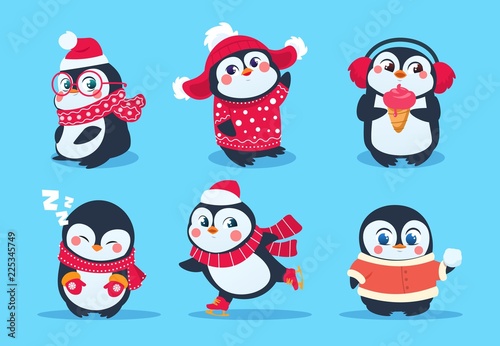 Penguins. Christmas penguin characters in winter clothes. Xmas holiday cute vector cartoon mascots. Cartoon christmas animal penguin illustration
