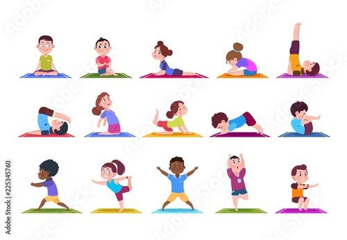 Yoga kids. Cartoon children doing yoga. Sporting girls and boys in gym. Vector characters isolated set. Illustration of child yoga cartoon, sport fitness lifestyle