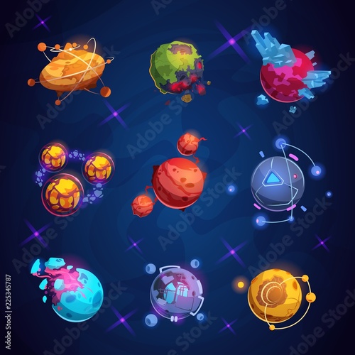 Fantasy cartoon planet. Fantastic alien planets. Space world game vector elements. Galaxy space fantastic planet for gui illustration