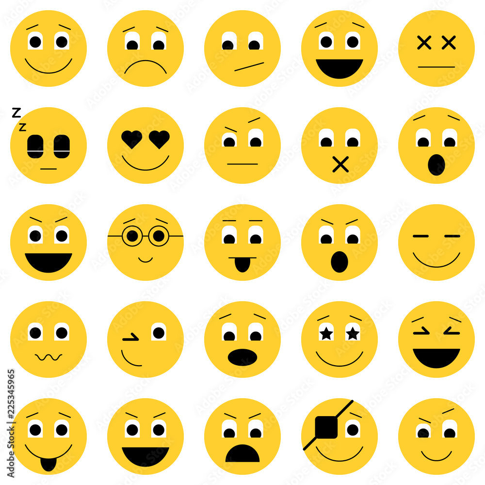 Collection of emoticon icons. Abstract emoji illustration. Smile icons vector illustration isolated on white background. Smiling card or banner Collection of emoticon icons. Abstract emoji illustration. Smile icons vector illustration isolated on white background. Smiling card or banner