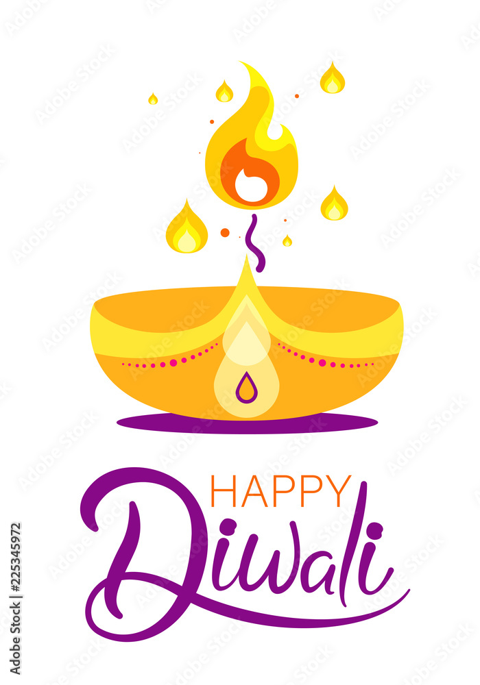 Obraz premium White Happy Diwali Hindu greeting card with oil lamp and candle.