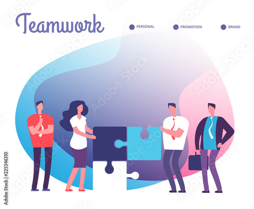 Business people solve puzzle. Development, easy solution and teamwork vector concept with employee characters and puzzle pieces. Teamwork business solution, employee make puzzle cooperation