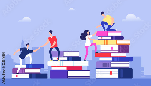 People climbing books. Business success, education level and staff and skill development vector concept. School study people, success student learn books illustration photo