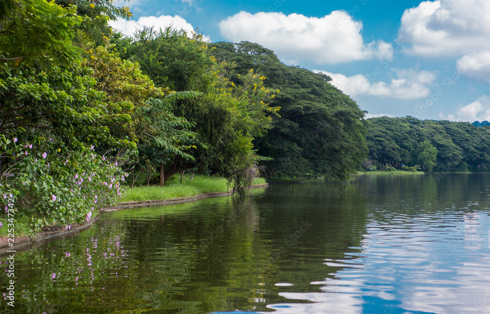 The park has large wells with skies and clouds