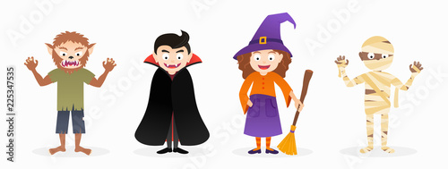 Set of cartoon isolated vector halloween costume characters