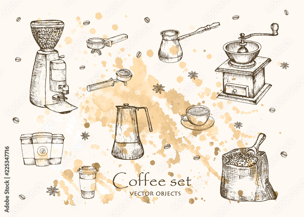 Obraz premium Vector illustration . Coffee sketch set. Vector pen style drawn objects.