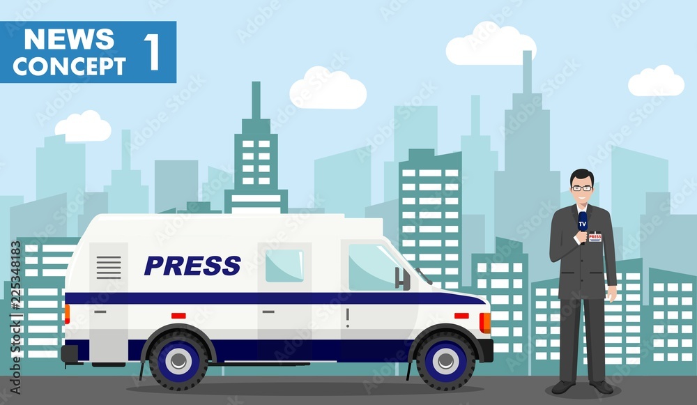 Journalistic concept. Detailed illustration of reporter and TV or news car in flat style on on background with cityscape. Vector illustration.