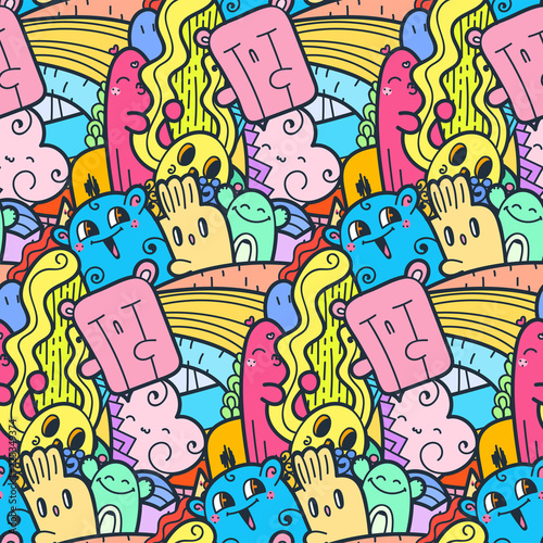 Funny doodle monsters seamless pattern for prints, designs and coloring books