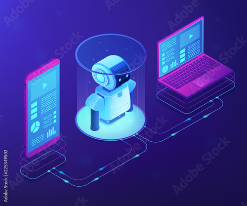 Modern robotics system connected with mobile phone and laptop. WiFi controlled robotics, robotics development, robotic programming concept. Ultraviolet neon vector isometric 3D illustration.