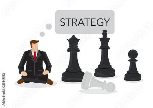 Businessman siting on a chess board thinking of strategy. Concept of strategy management, leadership and business strategy.