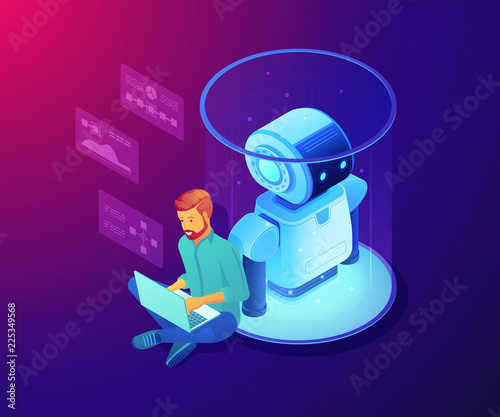 Robotics engineer working with laptop on robot software. Robotics project and system, sensor guided robotics and artificial intelligence concept. Ultraviolet neon vector isometric 3D illustration.