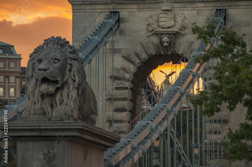 lion at Liberty bridge in Budapest 2018 sunset scene