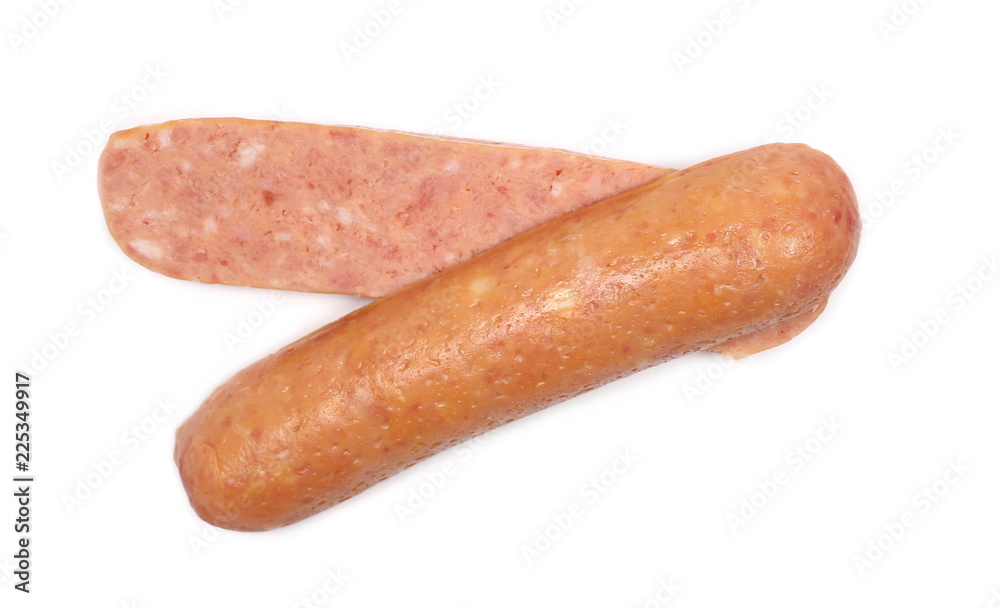 Sausages with slices isolated on white background Sausages with slices isolated on white background