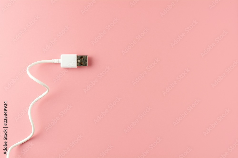 Fototapeta premium white USB cable on pink background.