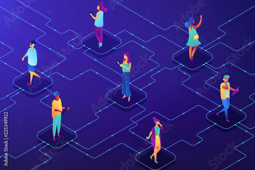 Users with mobile gadgets communicating in social network. Social media app and chat, integrated services and internet communication concept. Ultraviolet neon vector isometric 3D illustration.