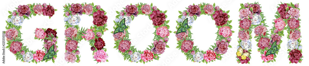 Word Groom of watercolor flowers for decoration
