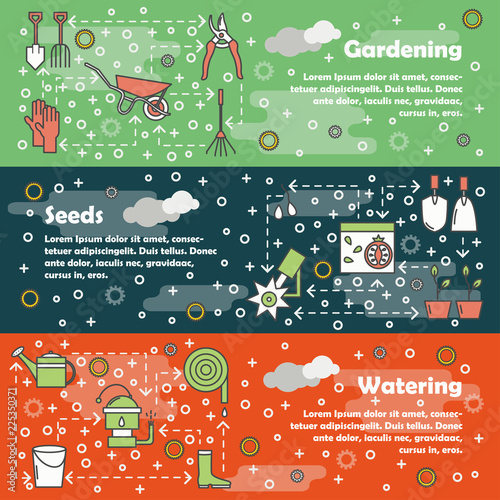 Vector thin line gardening web banner template set