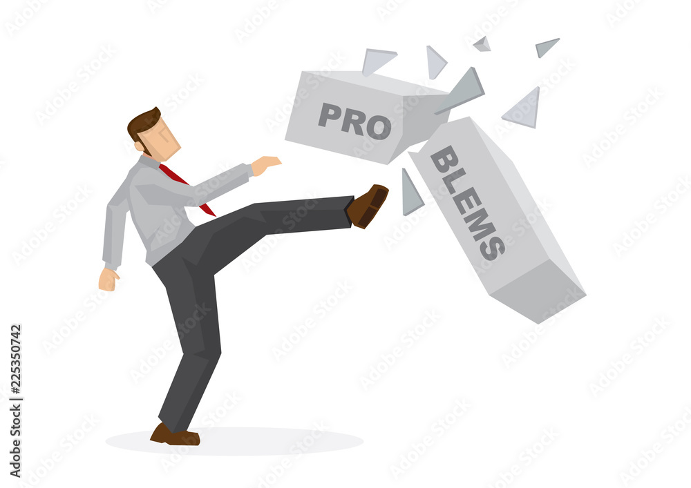 Businessman breaking a concrete block titled problems. Concept of breaking of obstacle towards a greater goal. Isolated vector illustration.