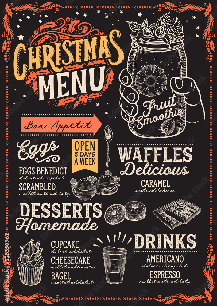 Fototapeta premium Christmas menu template for brunch on a blackboard.