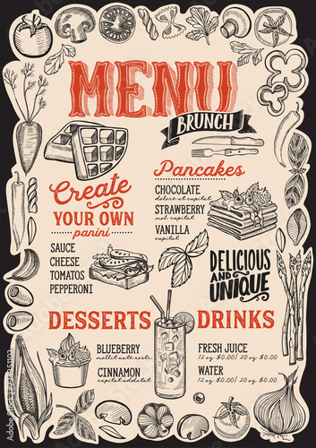 Brunch menu for restaurant with frame of graphic vegetables.