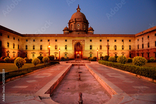 Indian parliament in New Delhi by night.