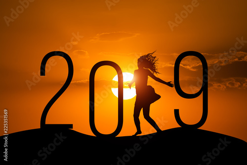Freedom Silhouette woman and 2019 .Concept of a new year.