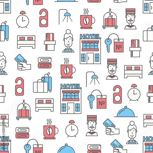 Vector thin line art hotel seamless pattern