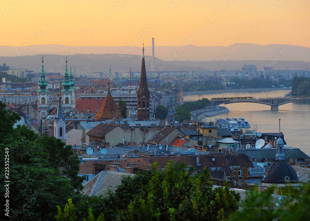 Budapest Hungary Sunset Panorama of Budapest Hungary with the Chain Bridge