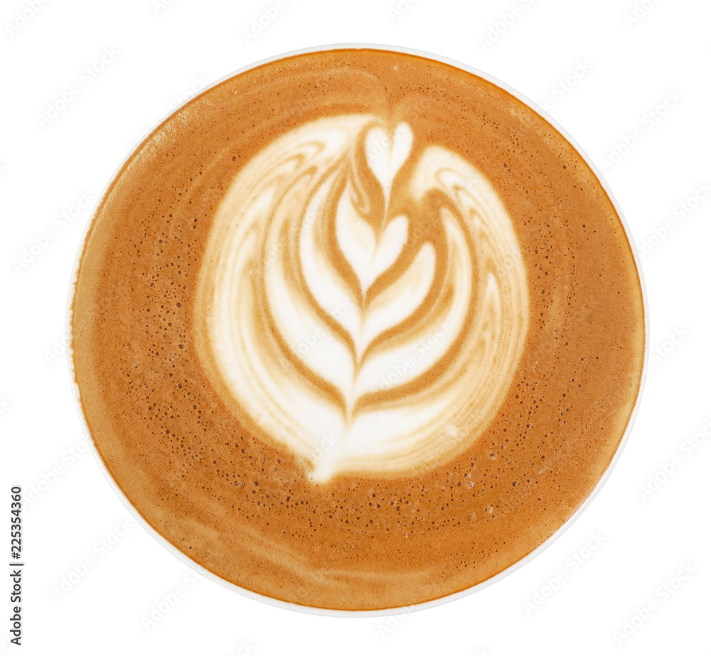 Top view of hot coffee cappuccino latte art isolated on white background, clipping path included Top view of hot coffee cappuccino latte art isolated on white background, clipping path included