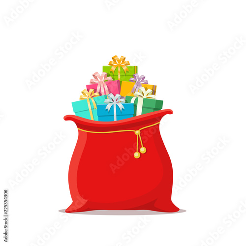 Santa Claus bag with of gifts boxes. Red sack with presents. Pile of surprises and prizes. Christmas shopping. Vector illustration in flat style.