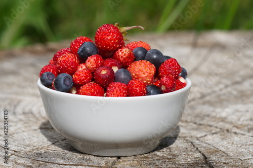 Porcelain bowl with strawberries and blueberries on a wooden stump outdoors