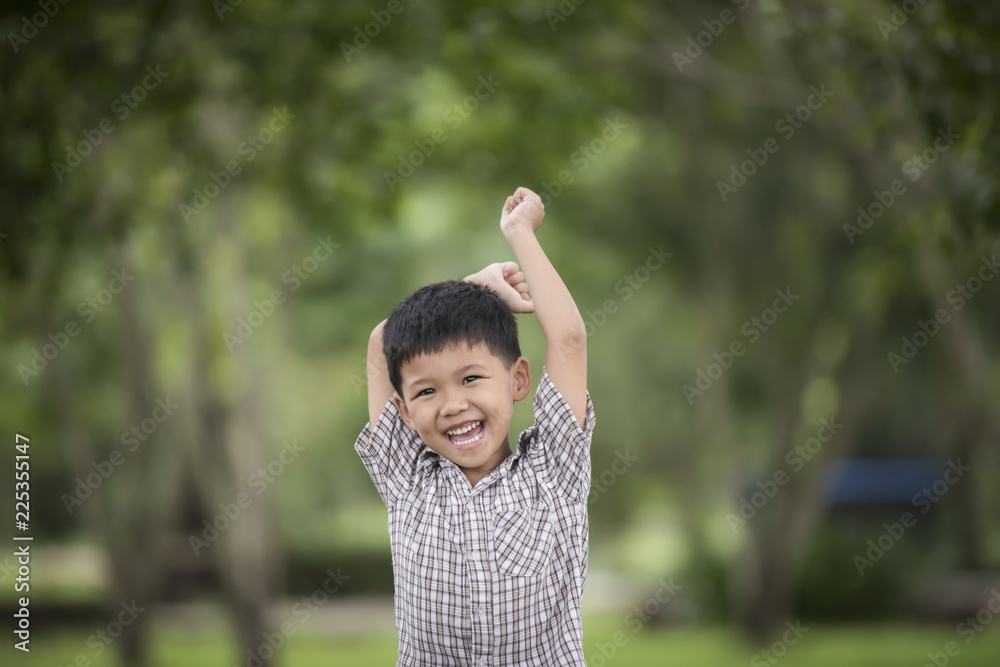 Little cute boy enjoying raising hands with nature over the blurred nature background.