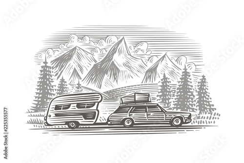 A car with camper trailer monochrome illustration. Vector, isolated, layered. 