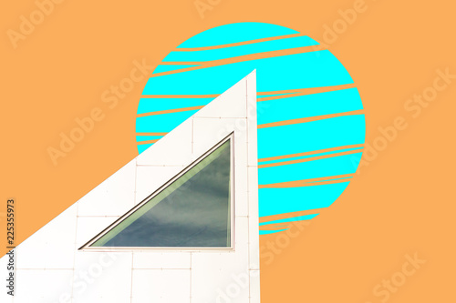 a futuristic surreal landscape, geometric facade, colorful sky, social network mood