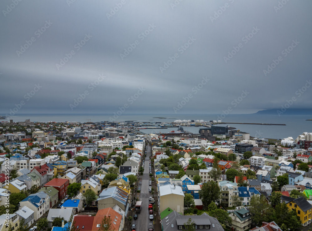 Fototapeta premium Reykjavik houses aerial view, ultra long exposure, Iceland