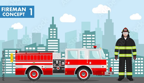 Fireman concept. Detailed illustration of man firefighter and fire truck in flat style on background with cityscape. Vector illustration.