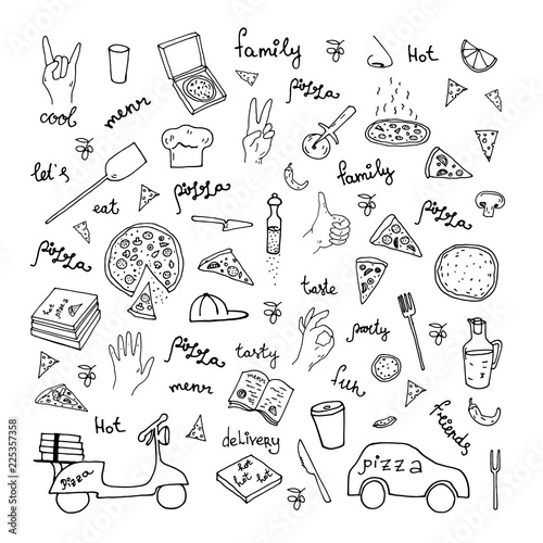 Vector illustration. Pizza delivery . Vector line set.