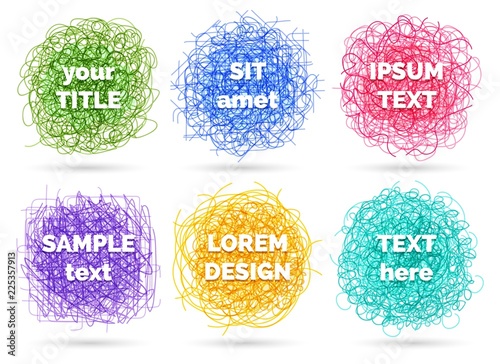 Pen sketch mess. Clutter scribbles labels with text, chaotic tangled lines vector pattern with captions isolated on white background