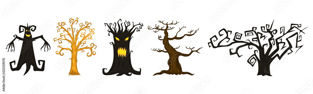 Obraz premium Halloween trees, creepy or scary and frightening branches. fabulous mythical or fantastic monsters. wooden creatures in the forest.