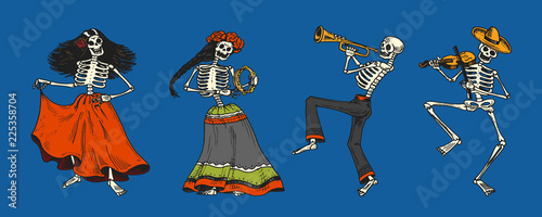 Day of the dead. Mexican national holiday. Original inscription in Spanish Dia de los Muertos. Skeletons in costumes dance, play the violin, trumpet and guitar. Hand drawn engraved sketch.